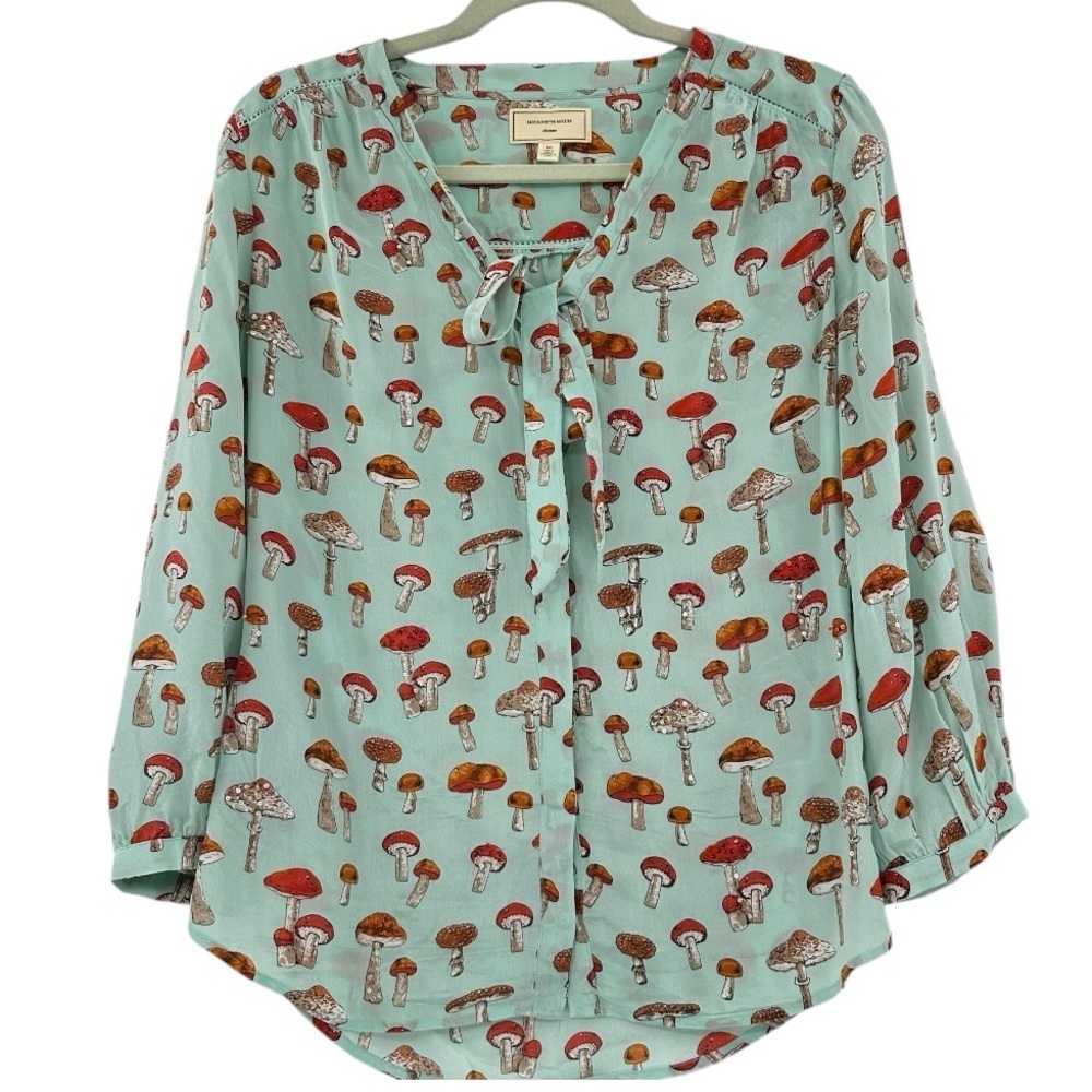 RARE Anthropologie Sequined & Beaded Novelty Print‎ Silk Mushroom Blouse Size 10